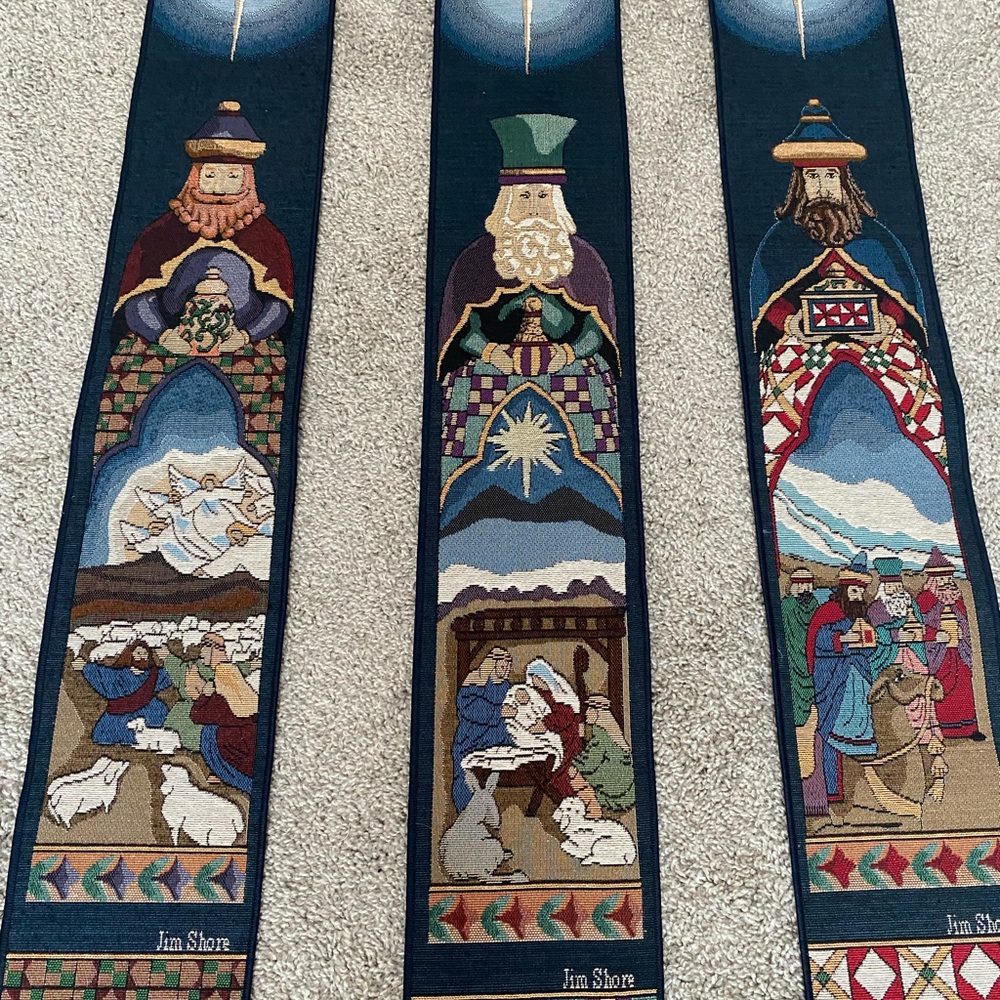 Set of three tapestries depicting the Three Wisemen and the birth of Jesus.